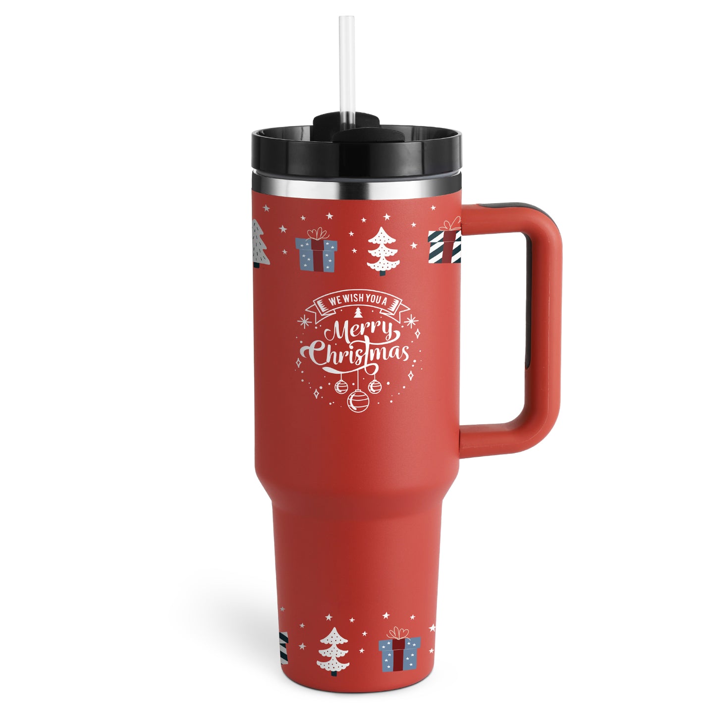 Weihnachts-Thermobecher, 1113 ml, Stroh, Kaffee-Isolierbecher mit Griff, tragbare Auto-Edelstahl-Wasserflasche, großes Fassungsvermögen, Reise-Thermobecher, BPA-frei