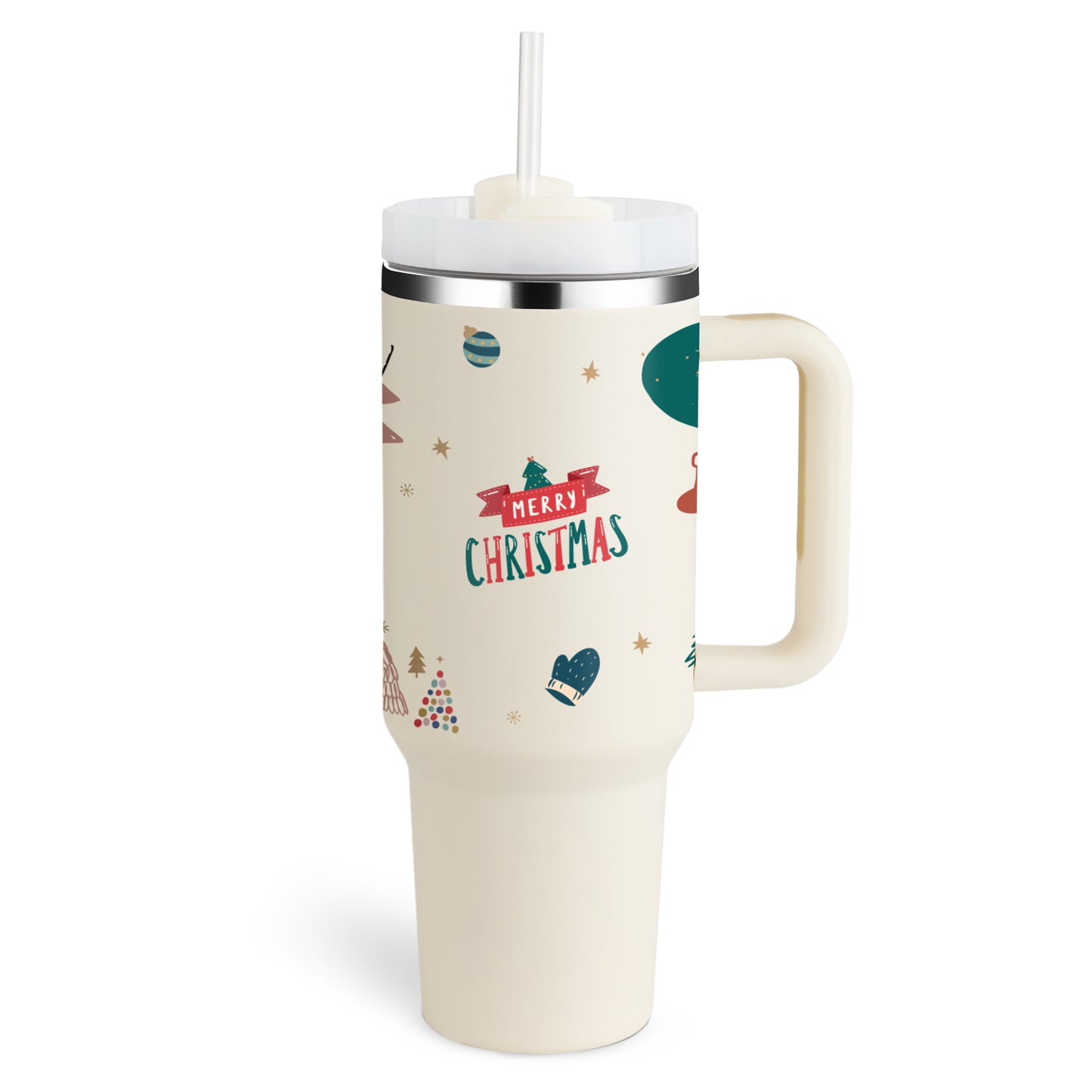 Weihnachts-Thermobecher, 1113 ml, Stroh, Kaffee-Isolierbecher mit Griff, tragbare Auto-Edelstahl-Wasserflasche, großes Fassungsvermögen, Reise-Thermobecher, BPA-frei