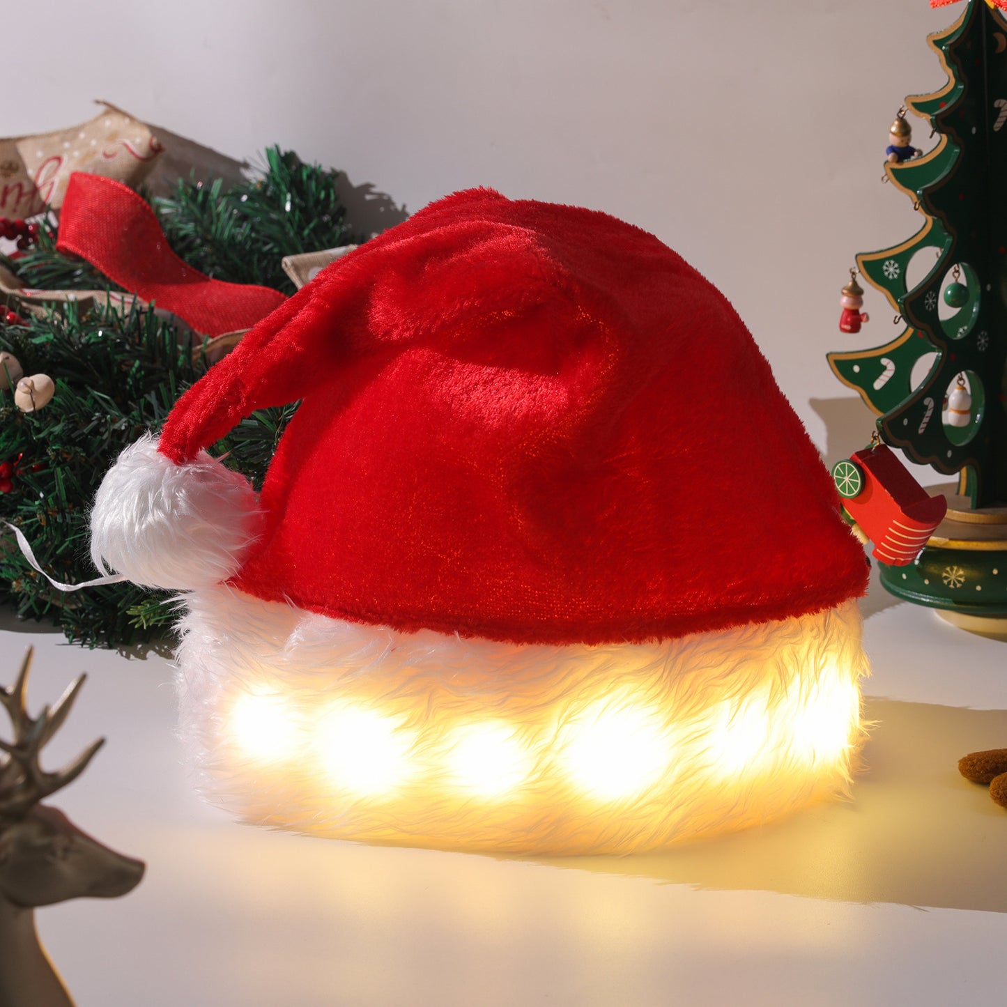 Weihnachtsmütze, LED-Licht, Plüsch, für Kinder und Erwachsene, Weihnachtsdekoration, Weihnachtsbedarf, leuchtende Weihnachtsmütze, Heimdekoration