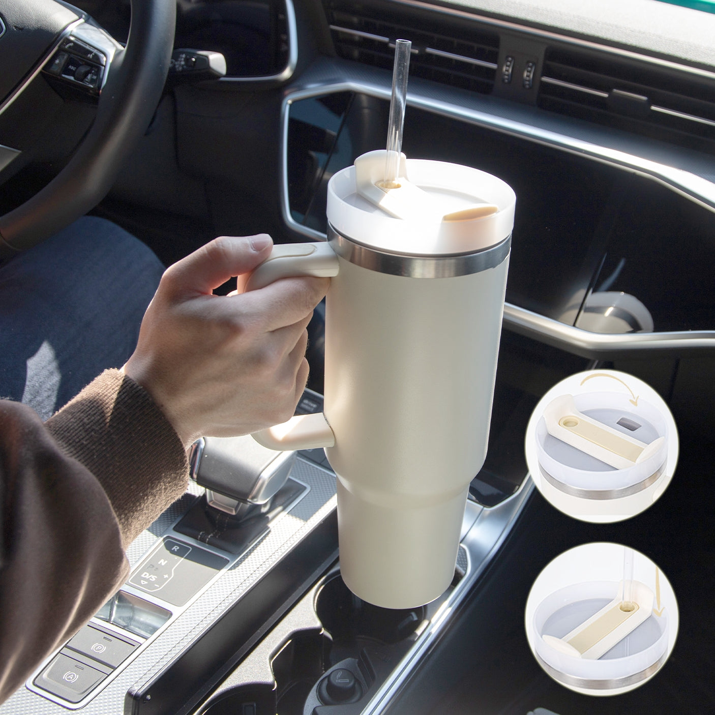 Weihnachts-Thermobecher, 1113 ml, Stroh, Kaffee-Isolierbecher mit Griff, tragbare Auto-Edelstahl-Wasserflasche, großes Fassungsvermögen, Reise-Thermobecher, BPA-frei